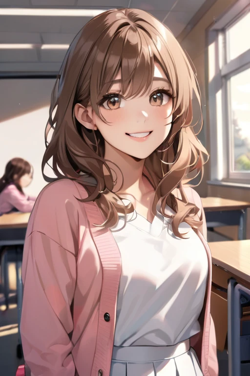 A beautiful young student girl smiling, long brown curls, light brown eyes, white skirt, pink cardigan, in a classroom