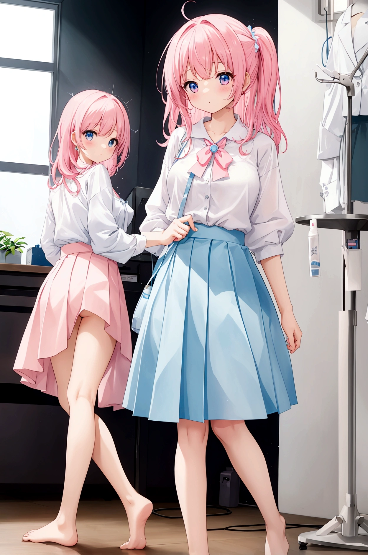 Three sisters of different heights、A cute white blouse with a cute light blue bra showing through it、Cute pink flare skirt、Light blue underwear visible as the skirt is lifted、barefoot、Company interview venue
