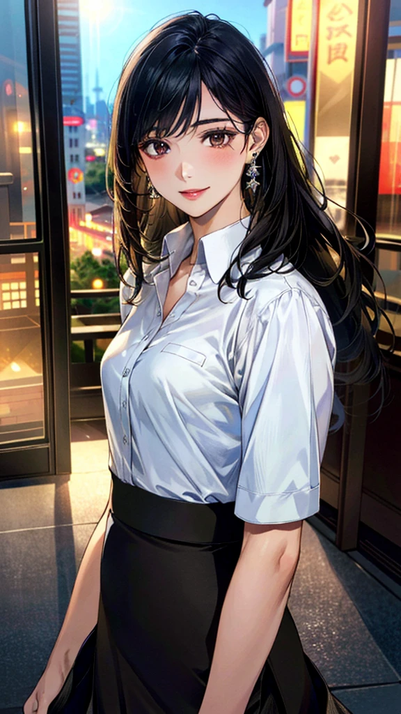 (masterpiece:1.3, Highest quality, Ultra-high resolution, Super detailed), (Realistic, photoRealistic:1.4), Beautiful illustrations, Perfect lighting, colorful, Depth of written boundary,
Beautiful detailed hair, Beautifully detailed face, Beautiful fine details, Beautiful clavicle, Beautiful body, 美しいLarge Breasts, Beautiful thighs, Beautiful feet, Beautiful fingers,
View Viewer、Front view:0.6, Beauty1人, Japanese, Beauty、30 years old, Perfect Face, (Perfect Anatomy, Anatomically correct), Cute and symmetrical face, Baby Face, , Shiny skin,
((Collared shirt:1.4)), ((Long skirt:1.5))、
(Black Hair, Medium Straight Hair:1.4), Dark brown eyes, Large Breasts, Slim body,
necklace, (Small earrings:1.3),
(Beautiful views), (night), (city, cityscape in the distance), Are standing, A soft smile、(Smile, Lips parted),