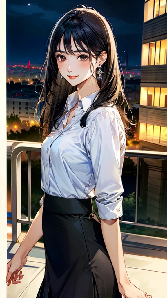 (masterpiece:1.3, Highest quality, Ultra-high resolution, Super detailed), (Realistic, photoRealistic:1.4), Beautiful illustrations, Perfect lighting, colorful, Depth of written boundary,
Beautiful detailed hair, Beautifully detailed face, Beautiful fine details, Beautiful clavicle, Beautiful body, 美しいLarge Breasts, Beautiful thighs, Beautiful feet, Beautiful fingers,
View Viewer、Front view:0.6, Beauty1人, Japanese, Beauty、30 years old, Perfect Face, (Perfect Anatomy, Anatomically correct), Cute and symmetrical face, Baby Face, , Shiny skin,
((Collared shirt:1.4)), ((Long skirt:1.5))、
(Black Hair, Medium Straight Hair:1.4), Dark brown eyes, Large Breasts, Slim body,
necklace, (Small earrings:1.3),
(Beautiful views), (night), (city, cityscape in the distance), Are standing, A soft smile、(Smile, Lips parted),