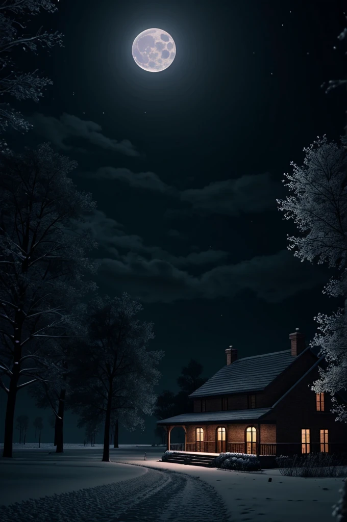 Una escena nocturna con una luna llena y sombras alargadas, evoking a gloomy winter night. animation version 