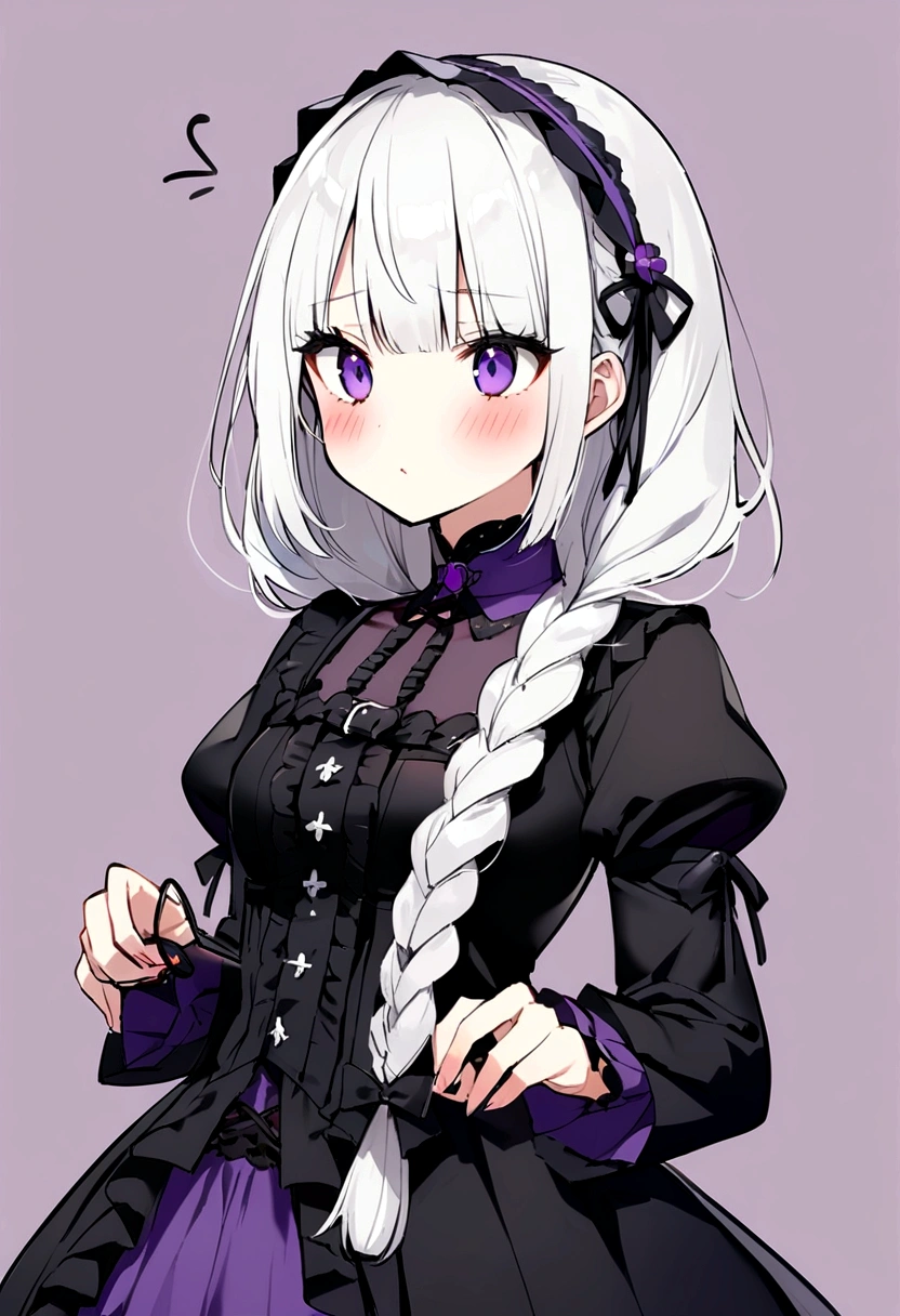 Short white hair, blush, Headbang 2.、cute、Beautiful woman、Stylish Gothic ta、Purple clothes、、Braiding、Background Paris、