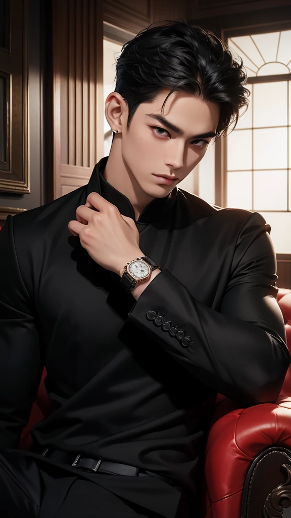 man,handsome,high,Thai person,luxury house,black hair,black eyes,Wear a diamond watch
