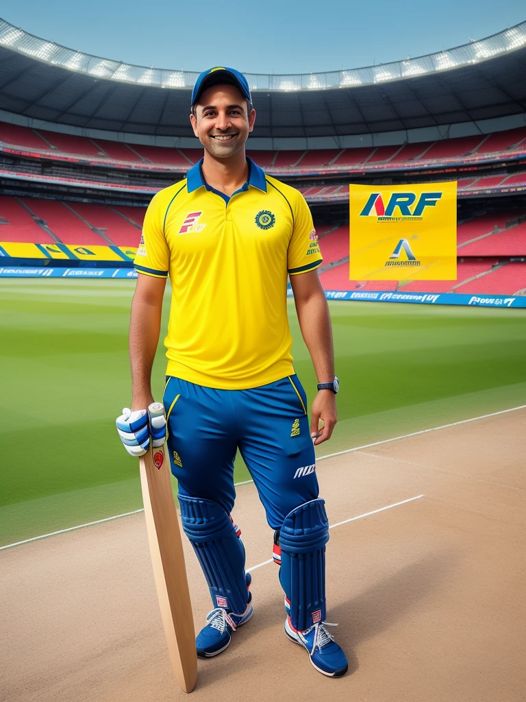 a 42 yo cricket er, smiling, cricket bat of MRF TYRES logo, yellow t-shirt,on the pitch, at stadium , (hdr:1.3), (dark shot:0.7), intricate details, [[rutkowski]], intricate, cinematic, detailed