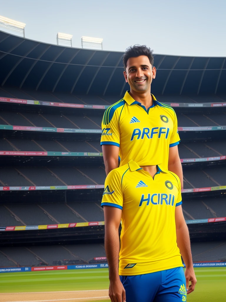 a 42 yo cricket er, smiling, cricket bat of MRF TYRES logo, yellow t-shirt,on the pitch, at stadium , (hdr:1.3), (dark shot:0.7), intricate details, [[rutkowski]], intricate, cinematic, detailed