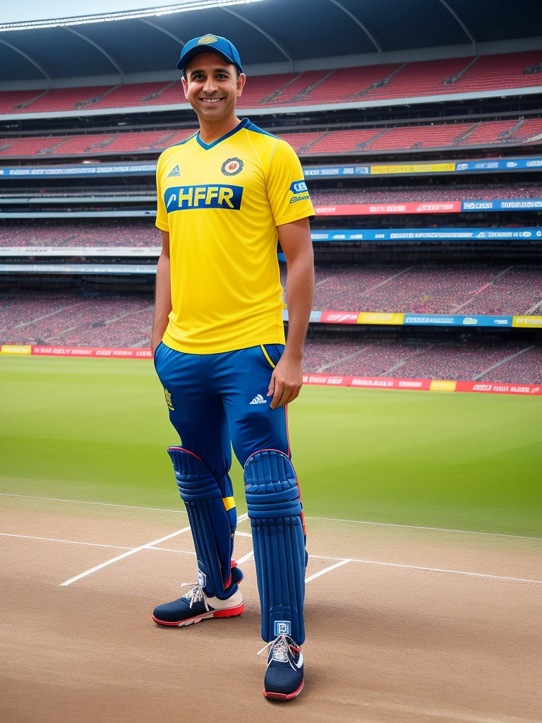 a 42 yo cricket er, smiling, cricket bat of MRF TYRES logo, yellow t-shirt,on the pitch, at stadium , (hdr:1.3), (dark shot:0.7), intricate details, [[rutkowski]], intricate, cinematic, detailed