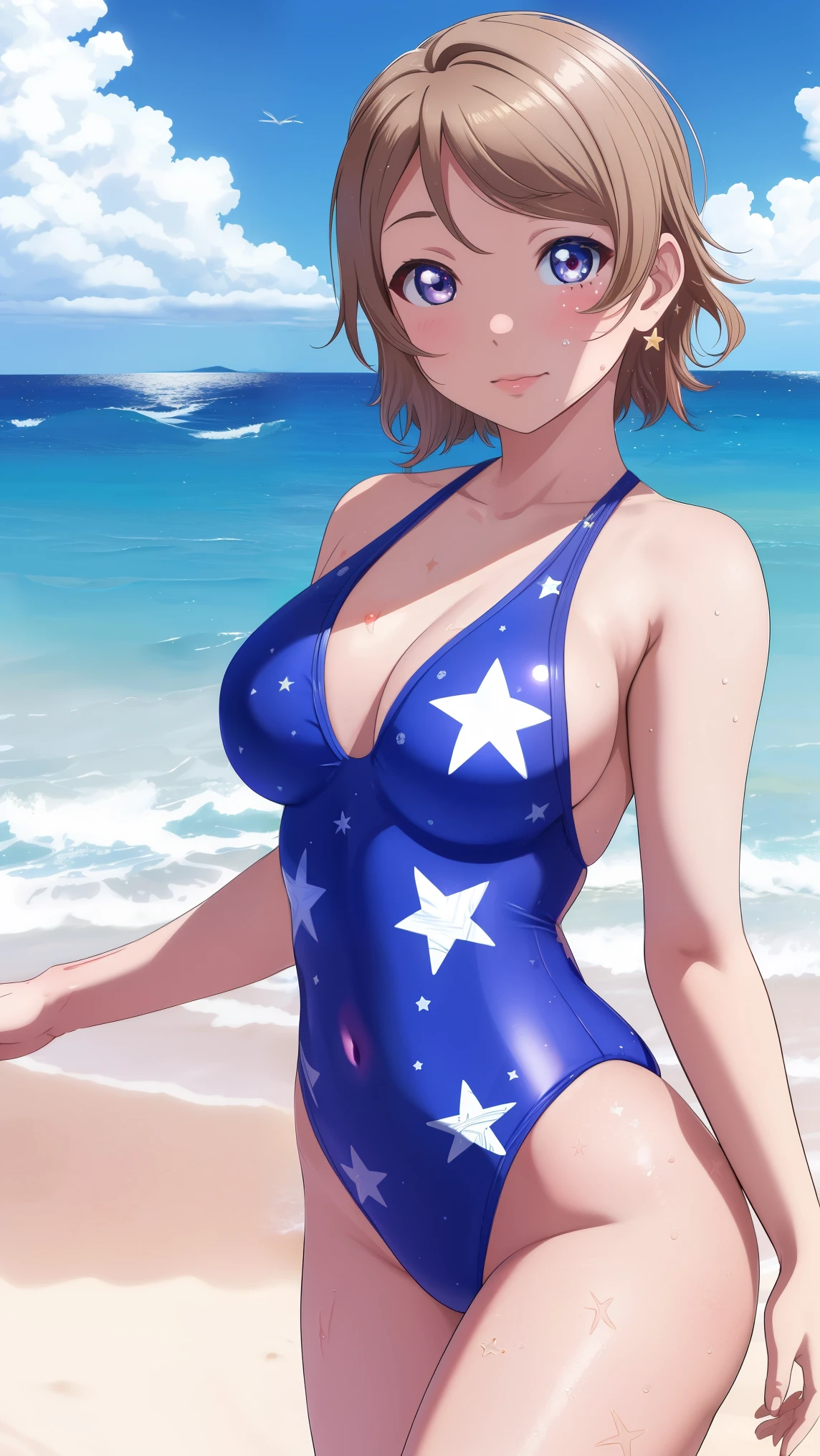 Masterpiece, 8k wallpaper, solo, Watanabe you, standing, glossy lips, star-patterned swimsuit, beach, highly detailed, beautiful detailed eyes, medium breasts