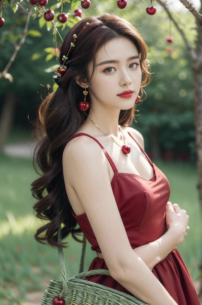 (((best quality))),(((ultra detailed))),(((masterpiece))),illustration,1 beautiful girl,solo,earrings,necklace,medium straight hair,slim,red dress,summer,(cherry orchard full of red cherries:1.3),sunlight,dappled light,fair skin,smile,(ripest cherries on the trees:1.3),red lips,peaceful,summer breeze,hair fluttering,setting sun,radiant hue,beauty grace,basket,upper body,from back,bare back,towering hips,butt crack