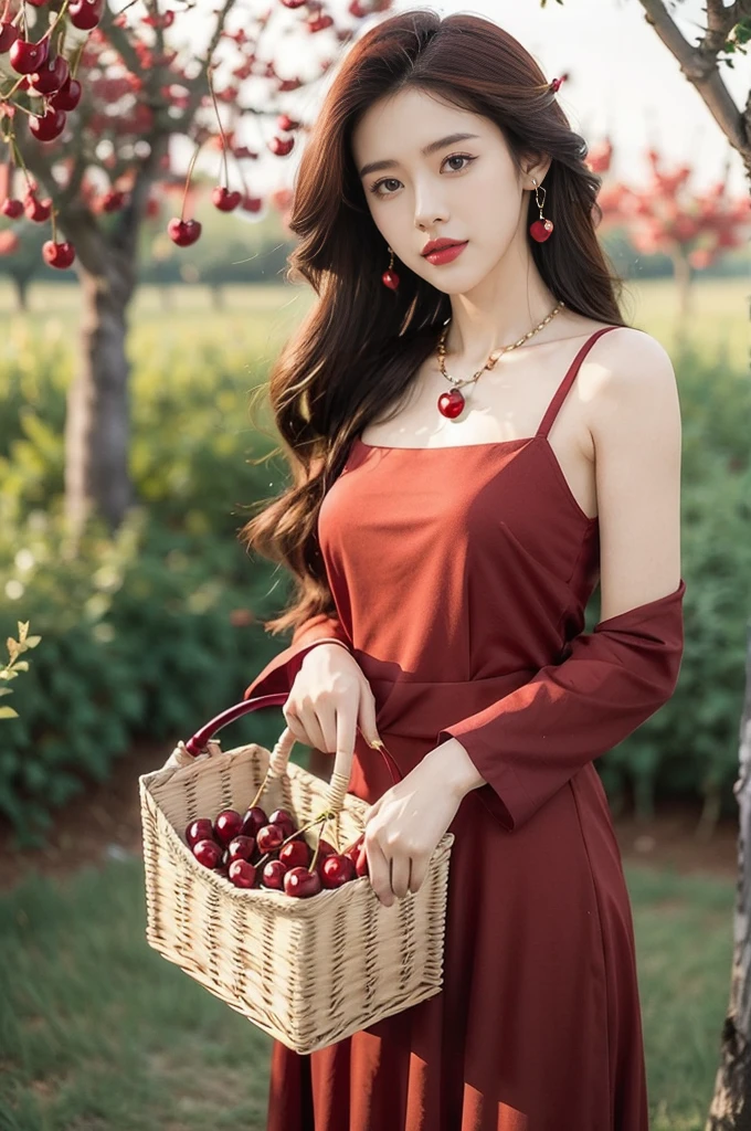 (((best quality))),(((ultra detailed))),(((masterpiece))),illustration,1 beautiful girl,solo,earrings,necklace,medium straight hair,slim,flat chest,red dress,summer,(cherry orchard full of red cherries:1.3),sunlight,dappled light,fair skin,smile,(ripest cherries on the trees:1.3),red lips,chirping birds,soft rustle,peaceful,summer breeze,hair fluttering,setting sun,radiant hue,beauty grace,basket