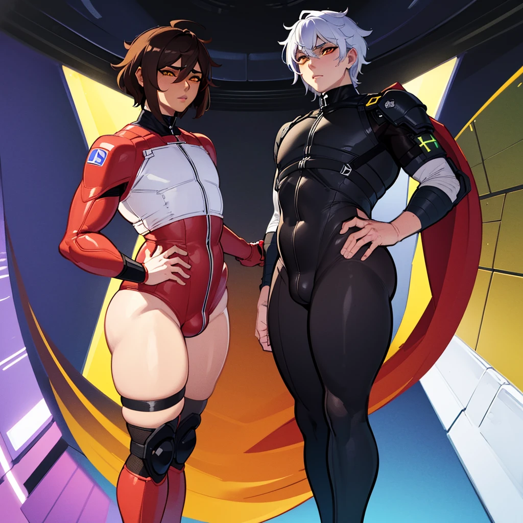 (masterpiece), (best quality), (high res) 2boys, (perfect anatomy) (perfect face) anime boy, (crossdresser), medium dark brown hair, red eyes, brown skin, wide hips, narrow waist and thick thighs, flustered, brushing, standing in space, flat chest, (full body suit), (visible bulge), (skin tight space green quantum space suit) man, fair skin, white hair, yellow eyes, in outer space, (gay sex)
