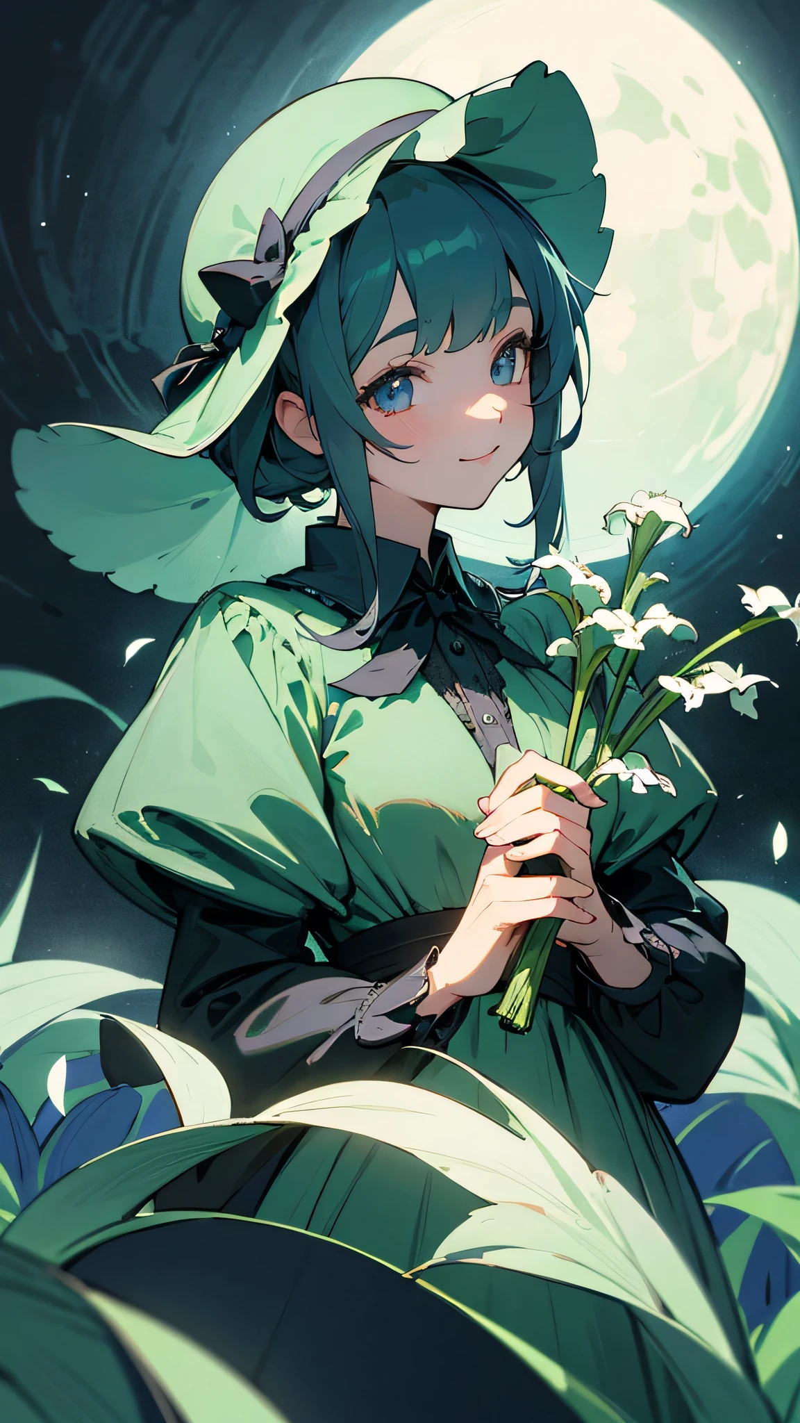 Lily of the Valley themed artwork, ((Highest quality)), High resolution, 8k, Cinematic Light, High Contrast, Written boundary depth、smile、sharp、beautiful, Strong brilliance, Detailed Background, One Girl, cute, fine grain, Shining Eyes, Detailed Iris、 Moonlit Night、gothic ta dress