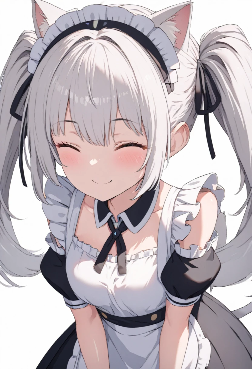 (((best quality ultra-detailed,unity 8k))),1 girl,smile,close eye,,Shiny Hair,(((twin drill:1.3))),silver hair,(cat ear classical maid),maid Cafe,
