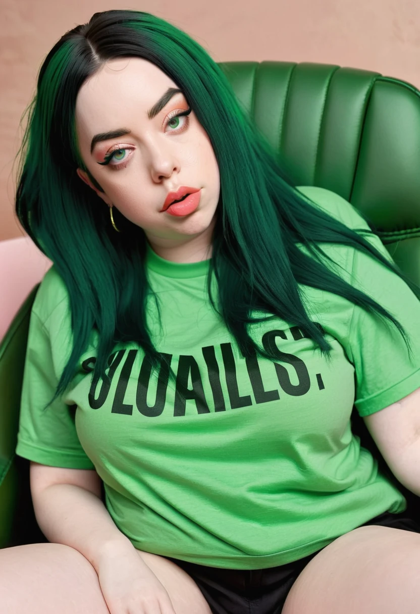 Billie eilish figure big and thick thigh green and black hair in green tshirt sitting on chair and cute lips