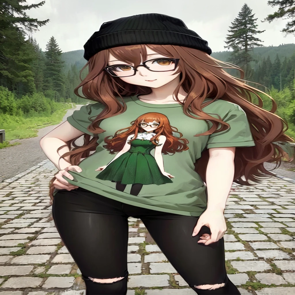 nude, anime girl with glasses and a green dress standing on a brick road, rena nounen style 3/4, marin kitagawa fanart, anime girl with long hair, (anime girl), style anime, she has long orange brown hair, akane owari danganronpa, !!full body portrait!!, chiaki nanami from danganronpa