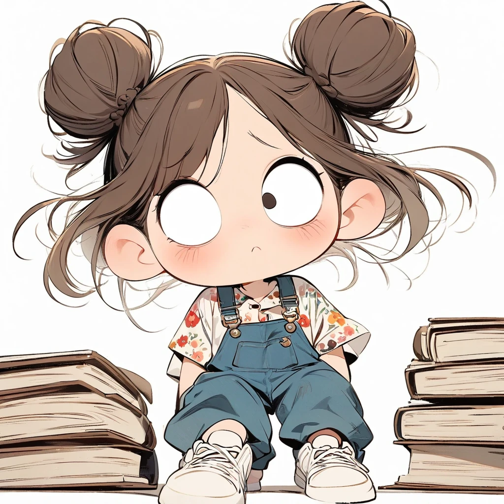 (masterpiece, best quality:1.2), cartoonish character design。Pure white background,1 girl looking through a thick dictionary, alone,big eyes,aggrieved expression,Two hair buns,Floral shirt,Overalls,White sneakers,stand,interesting,interesting,clean lines