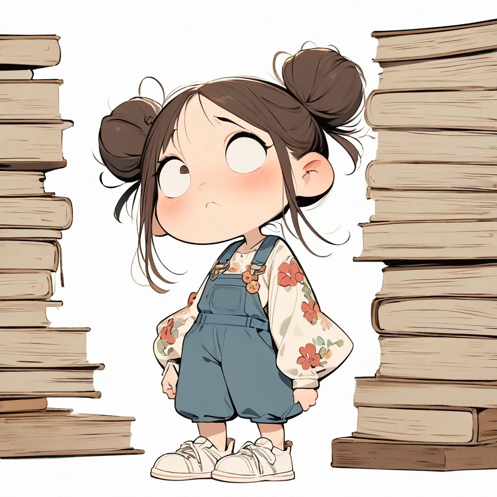 (masterpiece, best quality:1.2), cartoonish character design。Pure white background,1 girl looking through a thick dictionary, alone,big eyes,aggrieved expression,Two hair buns,Floral shirt,Overalls,White sneakers,stand,interesting,interesting,clean lines