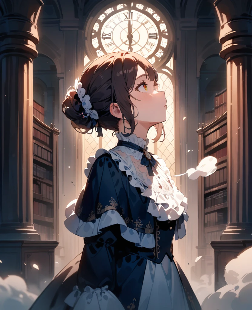 masterpiece, best quality, very aesthetic, absurdres, newest, 1girl, solo, young, chestnut hair, Victorian hairstyle, mid-back length hair, hazel eyes, looking up, awestruck expression, Victorian dress, standing, vast hall, high ceilings, shelves of ancient books, towering antique pillar clock, ornate, grand, roman numerals, intricate designs, stained glass windows, colorful light patterns, dust motes in air, silent reverence, frozen moment, contemplation of time