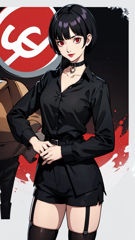 1 girl, Red eyes, very Short hair, black choker, lipstick, smile, black hair, female , tomboy Pixie haircut, long shirt, shorts, stockings, cowboy shot,