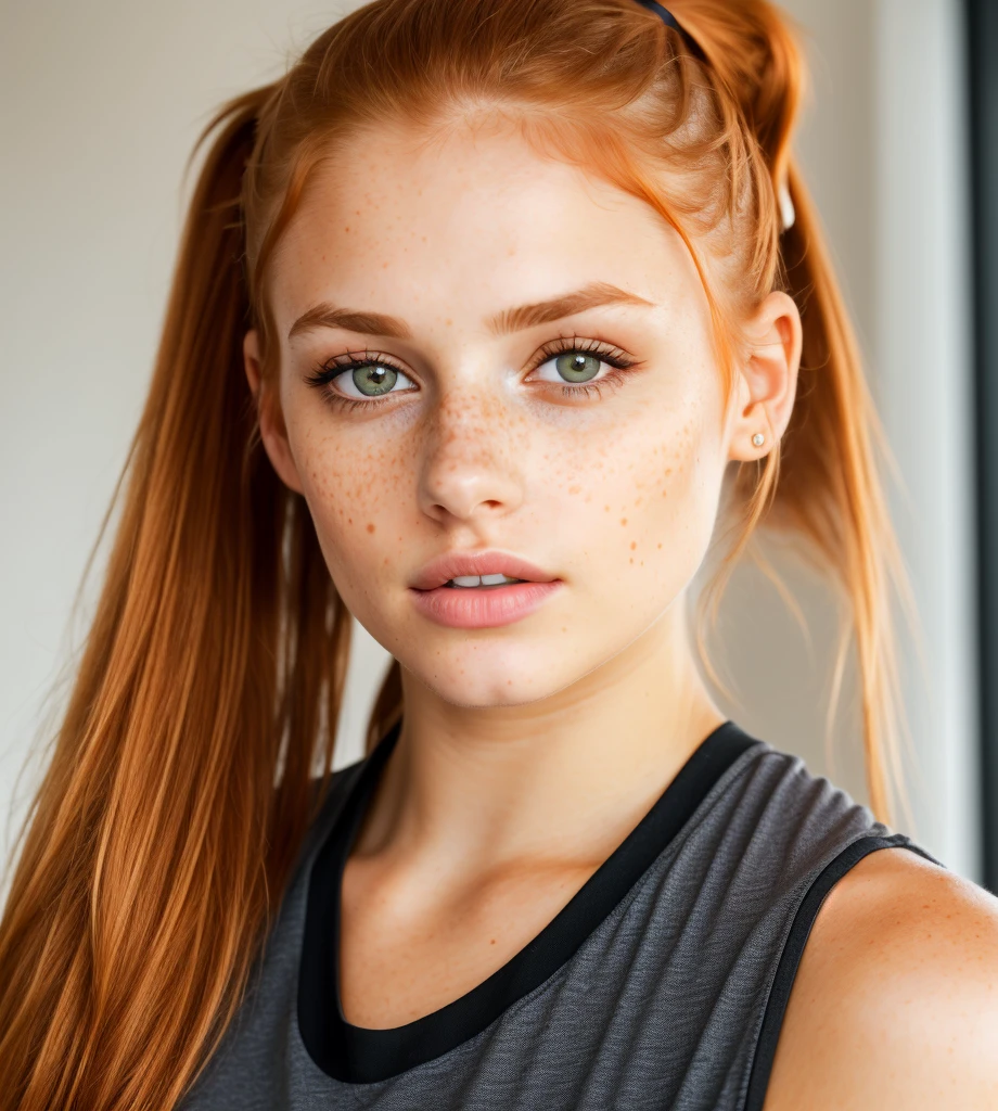 photo,8k,sharp focus,beautiful woman,close up,t-shirt,(detailed eyes:0.8),(looking at the camera:1.4),(highest quality),(best shadow),brown eyes,rim lighting,two tone lighting,dimly lit,low key,intricate details,interior,ponytails,ginger hair:1.3,open mouth:0.7,freckles