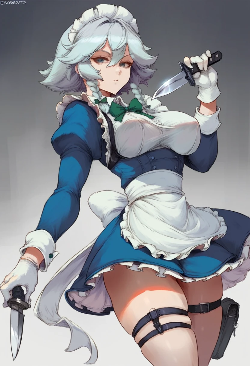 cutesexyrobutts style, 1girl, izayoi_sakuya, solo, maid_headdress, breasts, red_eyes, watch, braid, pocket_watch, gloves, large_breasts, holding, twin_braids, long_sleeves, bow, apron, white_gloves, knife, grey_hair, looking_at_viewer, green_bow, chain, black_background, holster, maid, short_hair, hair_bow, dress, corset, holding_knife, frills, white_apron, waist_apron, floral_print, bangs, blue_dress, shirt, cowboy_shot, white_bow, simple_background, back_bow, hair_between_eyes, underbust, closed_mouth, thigh_holster, thigh_strap, maid_apron, shaded_face, arm_up