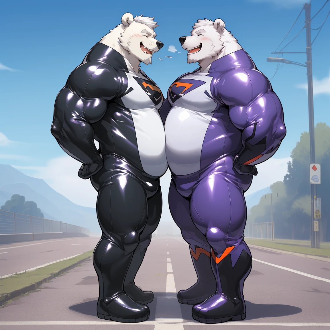 masterpiece, best quality, 8k resolution, Very detailed, hairy,(((polar bear)),(((Mature))),(((beard))),(((Strong))),(((White hair all over body))),(((portrait))),(((White hair))),(((Roadside))),For the audience,(((Purple gel coat))),(((Tight rubber suit))),Highest quality scene,Solitary,solitary,(((whole body))),(((Bare teeth))),(((Hands behind your back))),(((With eyes closed))),(((Standing with legs apart))),(((Laughing))),((Fat-enclosed muscle)),(((Round face))),(((alone))),(((Strong body))),(((Hip bulge))),(((huge))),(((Super hero))),(((Long legs))),(((Face-to-face)))