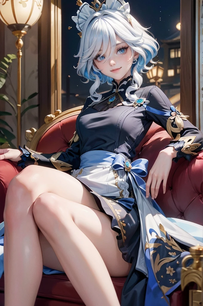 Furina_(genshin impact), 1girl, perfectly body, perfectly hands, white roses, ornament hair, roses on her hair, maid, maid dress, maid headdress, maid apron, white hair, blue hair, long hair, seat on a sofa, chinese home style, gold lantern, white dress, more details on her clothes, golden details, night, smiling,