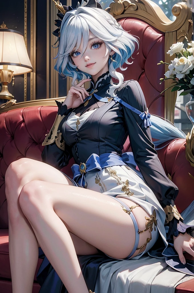 Furina_(genshin impact), 1girl, perfectly body, perfectly hands, white roses, ornament hair, roses on her hair, maid, maid dress, maid headdress, maid apron, white hair, blue hair, long hair, seat on a sofa, chinese home style, gold lantern, white dress, more details on her clothes, golden details, night, smiling,