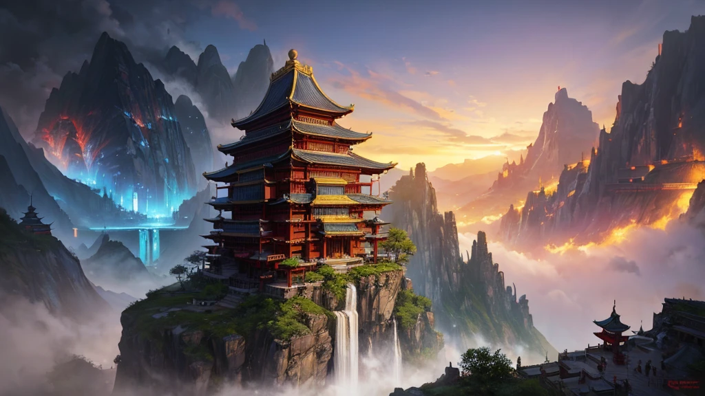a painting of a mountain with a waterfall and a pagoda, cyberpunk chinese ancient castle, mountain fortress city, mysterious temple setting, andreas rocha style, by Qu Leilei, chinese fantasy, breathtaking fantasy art, a mystical temple, dojo on a mountain, the style of andreas rocha, amazing wallpaper, by Fan Qi, inspired by Andreas Rocha, by Yang J