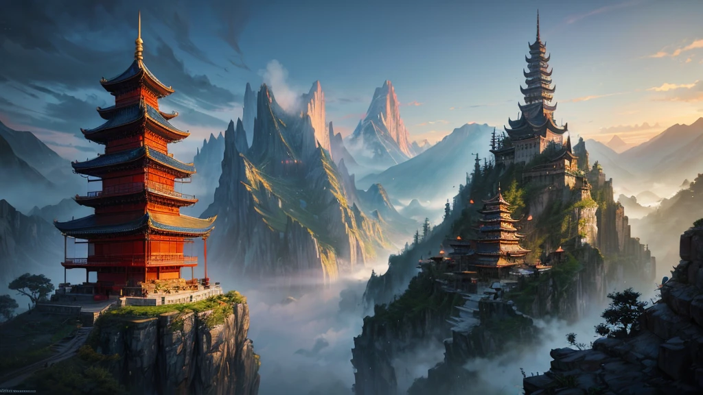 a painting of a mountain with a waterfall and a pagoda, cyberpunk chinese ancient castle, mountain fortress city, mysterious temple setting, andreas rocha style, by Qu Leilei, chinese fantasy, breathtaking fantasy art, a mystical temple, dojo on a mountain, the style of andreas rocha, amazing wallpaper, by Fan Qi, inspired by Andreas Rocha, by Yang J