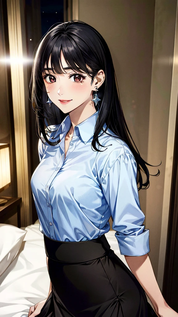 (masterpiece:1.3, Highest quality, Ultra-high resolution, Super detailed), (Realistic, photoRealistic:1.4), Beautiful illustrations, Perfect lighting, colorful, Depth of written boundary,
Beautiful detailed hair, Beautifully detailed face, Beautiful fine details, Beautiful clavicle, Beautiful body, 美しいLarge Breasts, Beautiful thighs, Beautiful feet, Beautiful fingers,
View Viewer、Front view:0.6, Beauty1人, Japanese, Beauty、30 years old, Perfect Face, (Perfect Anatomy, Anatomically correct), Cute and symmetrical face, Baby Face, , Shiny skin,
((Collared shirt:1.4)), ((Long skirt:1.5))、
(Black Hair, Medium Straight Hair:1.4), Dark brown eyes, Large Breasts, Slim body,
necklace, (Small earrings:1.3),
(Beautiful views), (night), (Hotel Rooms、bed), bedで横になっている, A soft smile、(Smile, Lips parted),