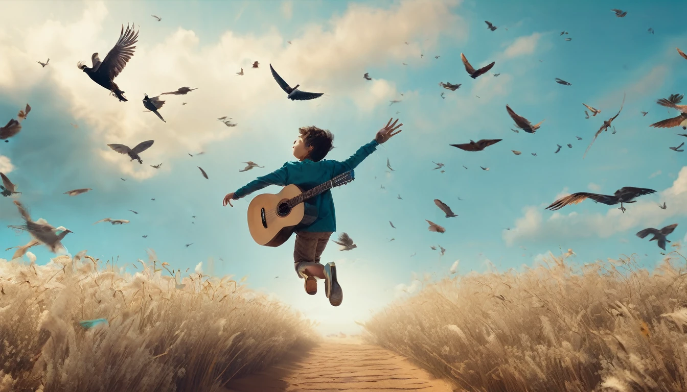 Create a professional, fantastic, cinematic Youtube Banner for a brand about music and stories called " Penamemoria". Masterpiece, 4k, sharp focus, highest quality,wide shot. Imagine a half a feather, half a fantasy boy. The title is " Penamemoria". Is a brand about the creative, unique journey of a boy into becoming a musician storyteller. In his journey he finds inspiration in a world of birds and feathers. Minimalistic, simple, poetic, dreamy logotype at the center of the image. The Background image is a world full of fantastic feathers, unique birds, light blue sky, and a boy running happily into the horizon with an acoustic guitar in his right hand. Boy running against the wind, almost simulating like he is flying