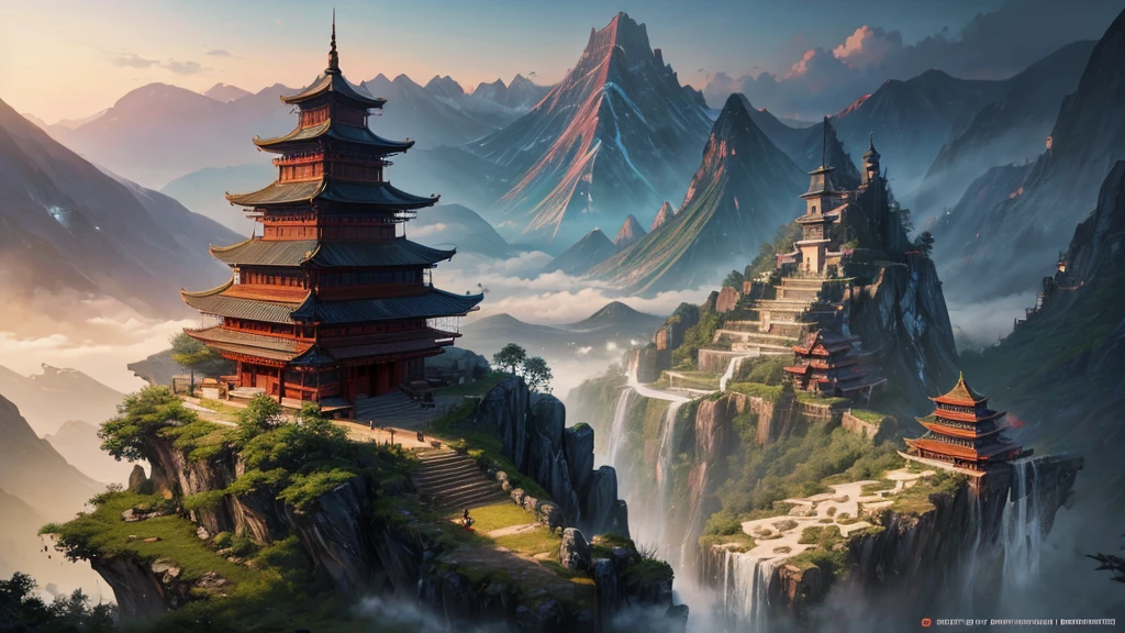 a painting of a mountain with a waterfall and a pagoda, cyberpunk chinese ancient castle, mountain fortress city, mysterious temple setting, andreas rocha style, by Qu Leilei, chinese fantasy, breathtaking fantasy art, a mystical temple, dojo on a mountain, the style of andreas rocha, amazing wallpaper, by Fan Qi, inspired by Andreas Rocha, by Yang J