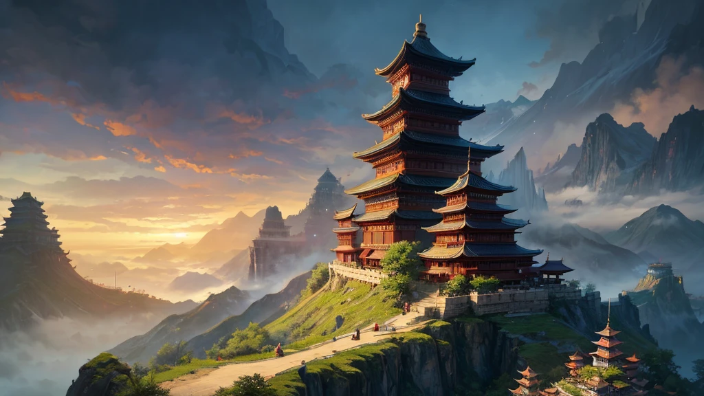 a painting of a mountain with a waterfall and a pagoda, cyberpunk chinese ancient castle, mountain fortress city, mysterious temple setting, andreas rocha style, by Qu Leilei, chinese fantasy, breathtaking fantasy art, a mystical temple, dojo on a mountain, the style of andreas rocha, amazing wallpaper, by Fan Qi, inspired by Andreas Rocha, by Yang J