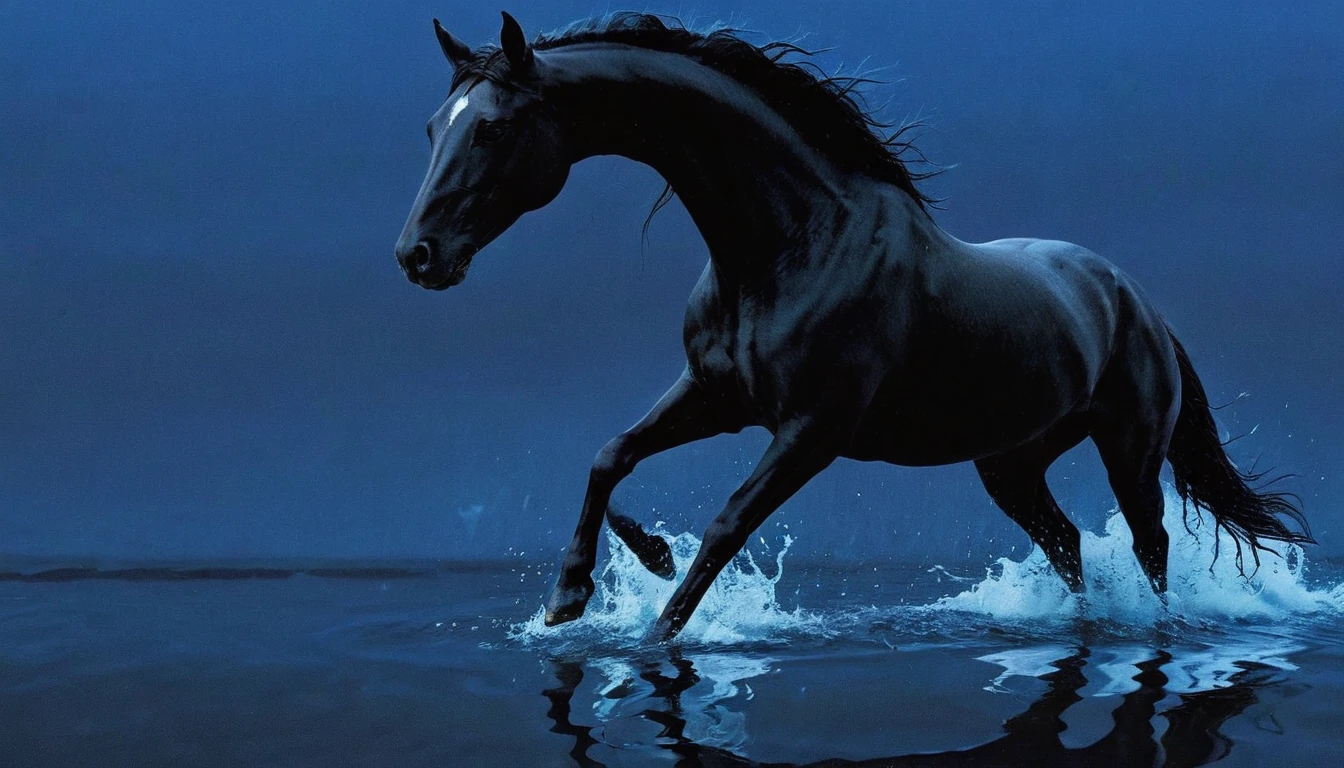 glitch art, fashion shoot, black horse running at water surface in darkness at night, blue background