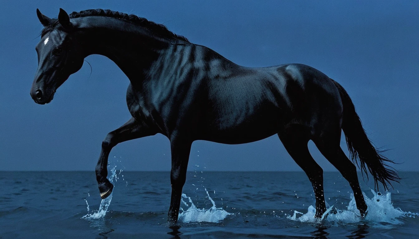 glitch art, fashion shoot, black horse running at water surface in darkness at night, blue background