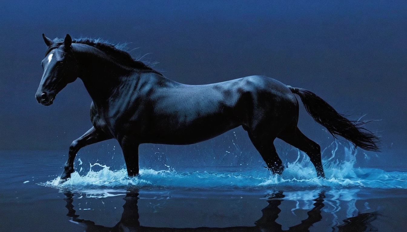 glitch art, fashion shoot, black horse running at water surface in darkness at night, blue background
