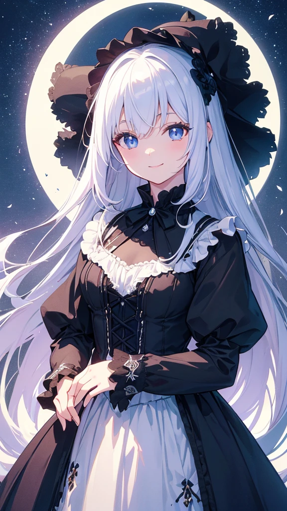 Lily of the valley themed artwork, ((Highest quality)), High resolution, 8k, Cinematic Light, High Contrast, Written boundary depth、smile、sharp、beautiful, Strong brilliance, Detailed Background, One Girl, cute, fine grain, Shining Eyes, Detailed Iris、 Moonlit Night、gothic lolita dress