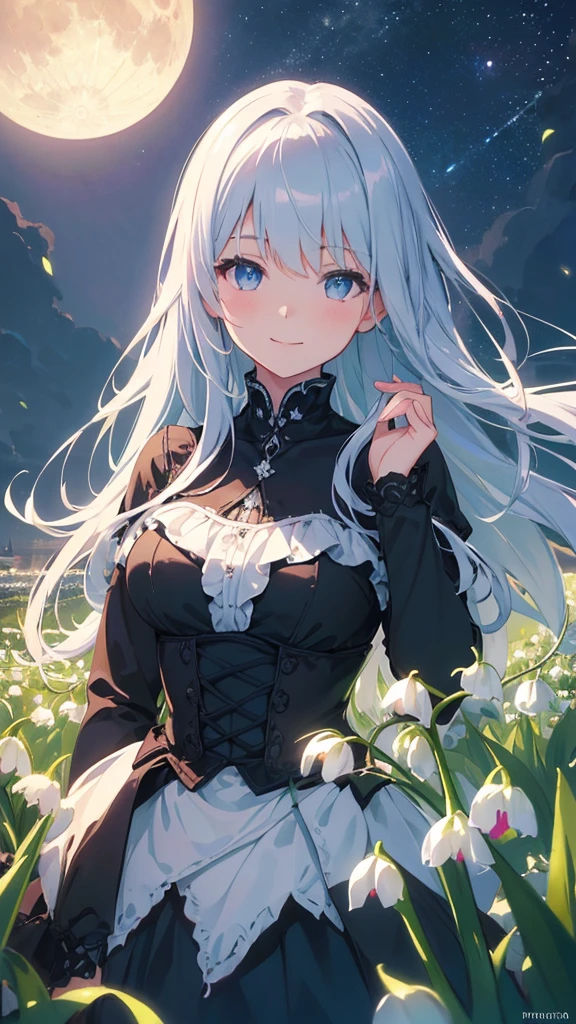 Lily of the valley themed artwork, ((Highest quality)), High resolution, 8k, Cinematic Light, High Contrast, Written boundary depth、smile、sharp、beautiful, Strong brilliance, Detailed Background, One Girl, cute, fine grain, Shining Eyes, Detailed Iris、 Moonlit Night、gothic lolita dress