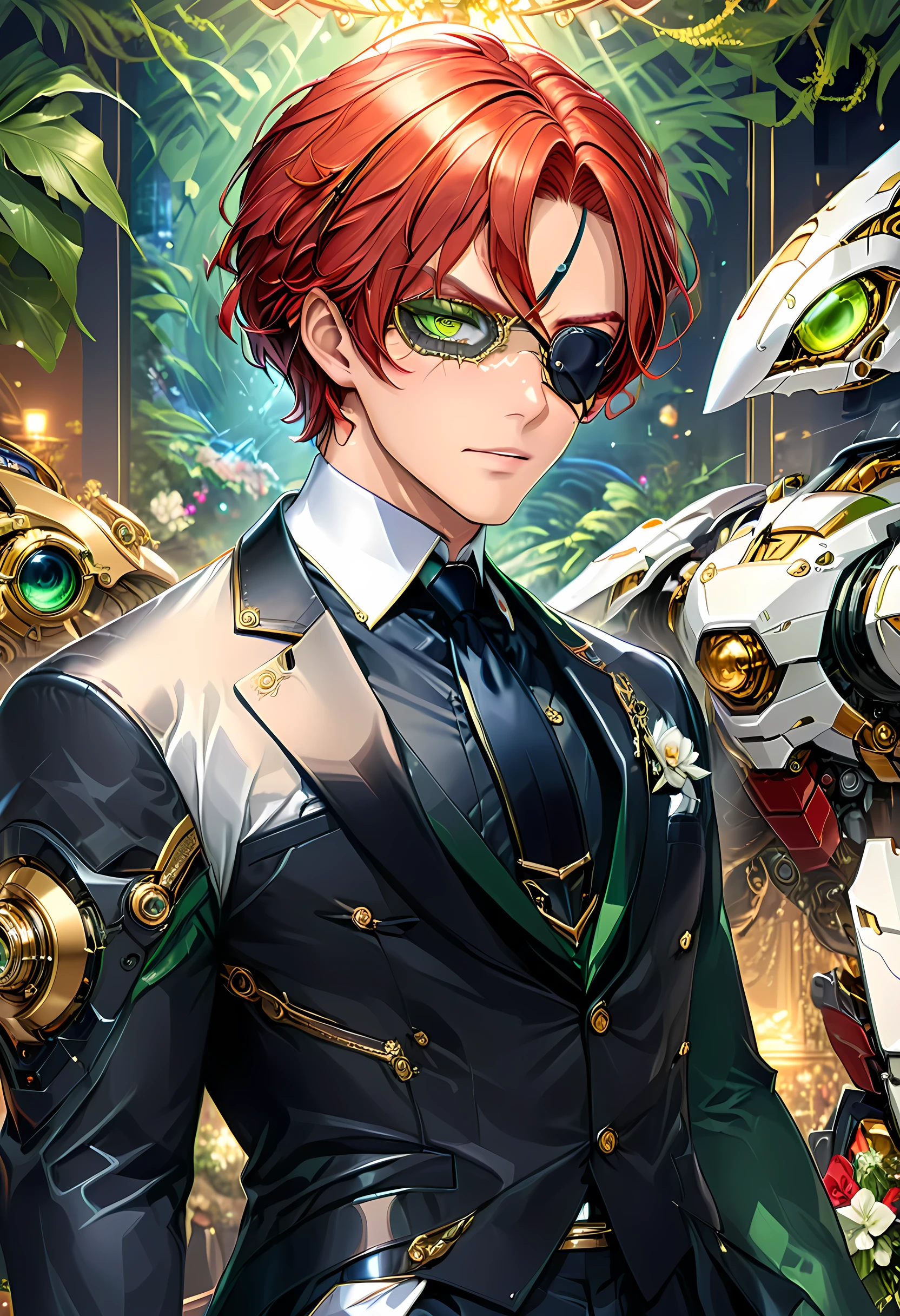 Arafed a picture of a human male spy, wearing dark suit, wearing ((mecha eye patch)), ((eye patch covering only one eye: 1.5))exquisite beautiful male, red hair, short crop hair, green eyes, eye patch has intricate mechanical part in it, high society gala event background, (Masterpiece: 1.5), 16k, highres, best quality, high details, ultra detailed, masterpiece, best quality, (extremely detailed), Mechanical Creatures