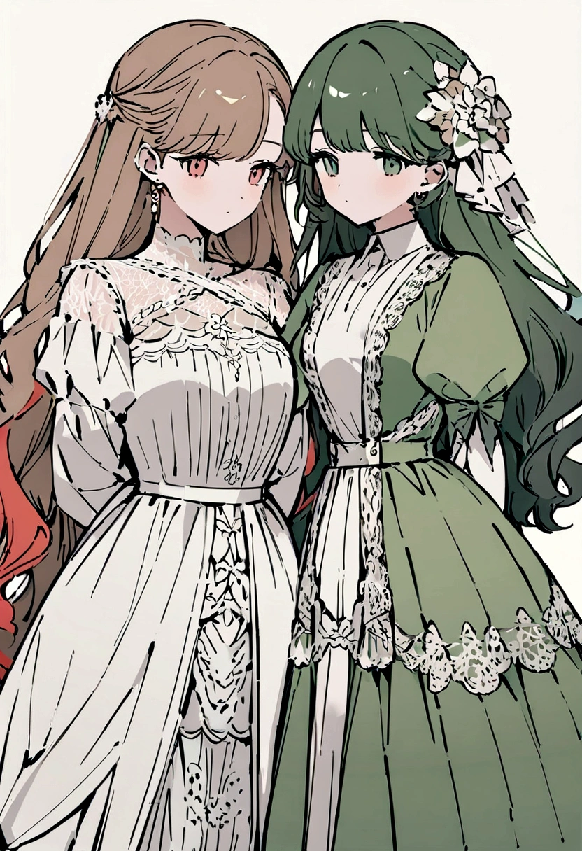 ((High quality work)), Clean and simple lines, The green dress and beautiful ruffled lace complement each other, Enriches the layering of the entire picture, Elegant Edwardian lace dresses and princess dresses add a lot of color to the characters, Gesture with hands behind back , It also shows the gentle and elegant side of women.