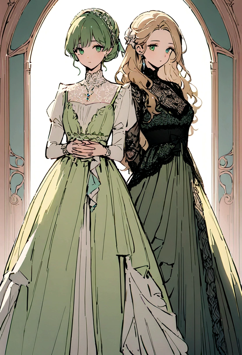 ((High quality work)), Clean and simple lines, The green dress and beautiful ruffled lace complement each other, Enriches the layering of the entire picture, Elegant Edwardian lace dresses and princess dresses add a lot of color to the characters, Gesture with hands behind back , It also shows the gentle and elegant side of women.