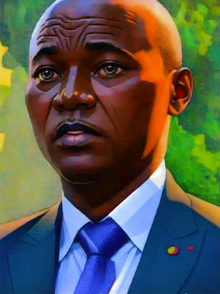 Detailed and realistic portrait of African President Oligui in black suit, shaved head with white background, dessin au trait ; encre fine, Style bande dessinée, Magnifique dessin au trait, Style bande dessinée, soft, dim light, 8k
