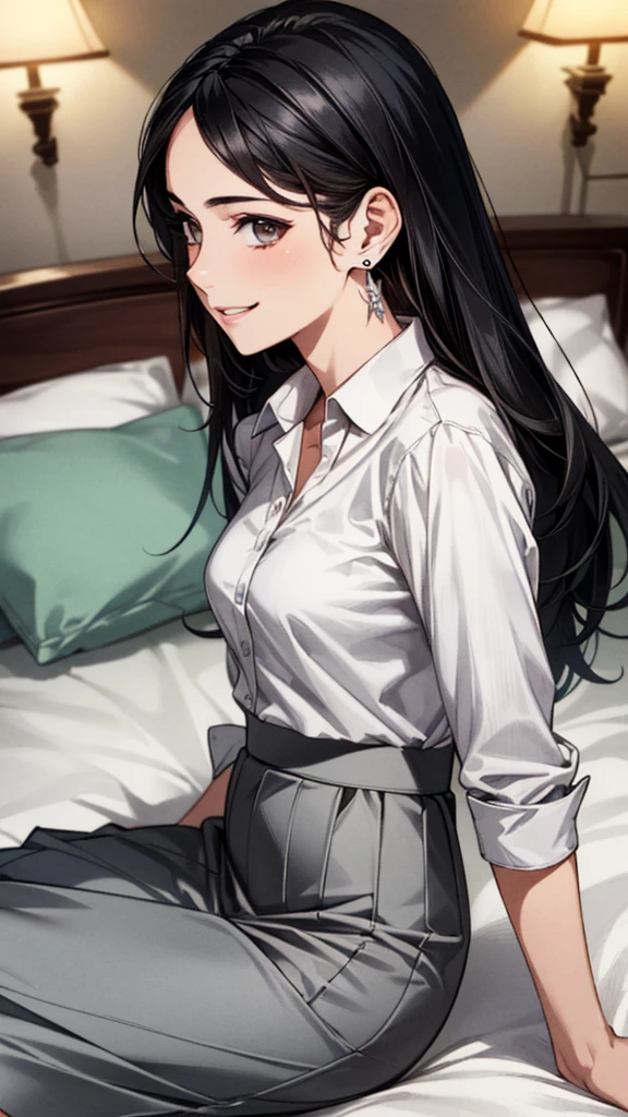 (masterpiece:1.3, Highest quality, Ultra-high resolution, Super detailed), (Realistic, photoRealistic:1.4), Beautiful illustrations, Perfect lighting, colorful, Depth of written boundary, Beautiful detailed hair, Beautifully detailed face, Beautiful fine details, Beautiful clavicle, Beautiful body, 美しいLarge Breasts, Beautiful thighs, Beautiful feet, Beautiful fingers, View Viewer、Front view:0.6, Beauty1人, Japanese, Beauty、30 years old, Perfect Face, (Perfect Anatomy, Anatomically correct), Cute and symmetrical face, Baby Face, , Shiny skin, ((Collared shirt:1.4)), ((Grey long skirt:1.5))、 (Black Hair, Medium Straight Hair:1.4), Dark brown eyes, Large Breasts, Slim body, necklace, (Small earrings:1.3), (Beautiful views), (night), (Hotel Rooms、bed), bedで横になっている, A soft smile、(Smile, Lips parted),