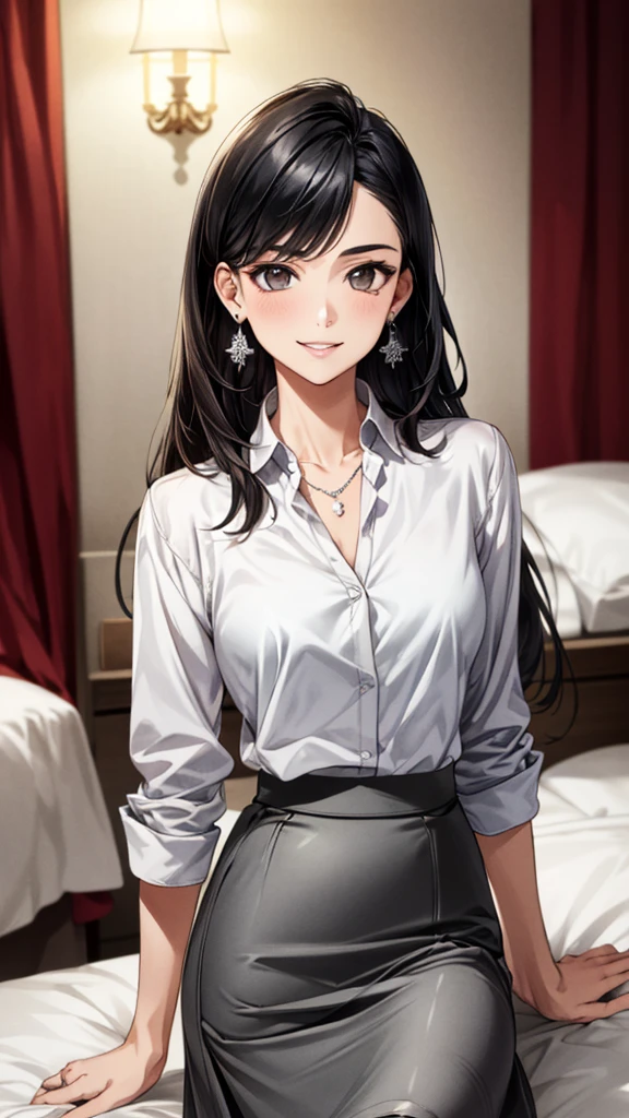 (masterpiece:1.3, Highest quality, Ultra-high resolution, Super detailed), (Realistic, photoRealistic:1.4), Beautiful illustrations, Perfect lighting, colorful, Depth of written boundary, Beautiful detailed hair, Beautifully detailed face, Beautiful fine details, Beautiful clavicle, Beautiful body, 美しいLarge Breasts, Beautiful thighs, Beautiful feet, Beautiful fingers, View Viewer、Front view:0.6, Beauty1人, Japanese, Beauty、30 years old, Perfect Face, (Perfect Anatomy, Anatomically correct), Cute and symmetrical face, , , Shiny skin, ((Collared shirt:1.4)), ((Grey long skirt:1.5))、 (Black Hair, Medium Straight Hair:1.4), Dark brown eyes, Large Breasts, Slim body, necklace, (Small earrings:1.3), (Beautiful views), (night), (Hotel Rooms、bed), bedで横になっている, A soft smile、(Smile, Lips parted),