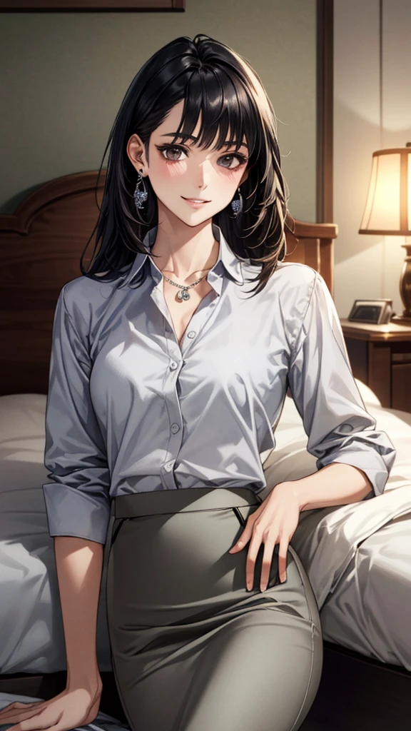 (masterpiece:1.3, Highest quality, Ultra-high resolution, Super detailed), (Realistic, photoRealistic:1.4), Beautiful illustrations, Perfect lighting, colorful, Depth of written boundary, Beautiful detailed hair, Beautifully detailed face, Beautiful fine details, Beautiful clavicle, Beautiful body, 美しいLarge Breasts, Beautiful thighs, Beautiful feet, Beautiful fingers, View Viewer、Front view:0.6, Beauty1人, Japanese, Beauty、30 years old, Perfect Face, (Perfect Anatomy, Anatomically correct), Cute and symmetrical face, Baby Face, , Shiny skin, ((Collared shirt:1.4)), ((Grey long skirt:1.5))、 (Black Hair, Medium Straight Hair:1.4), Dark brown eyes, Large Breasts, Slim body, necklace, (Small earrings:1.3), (Beautiful views), (night), (Hotel Rooms、bed), bedで横になっている, A soft smile、(Smile, Lips parted),