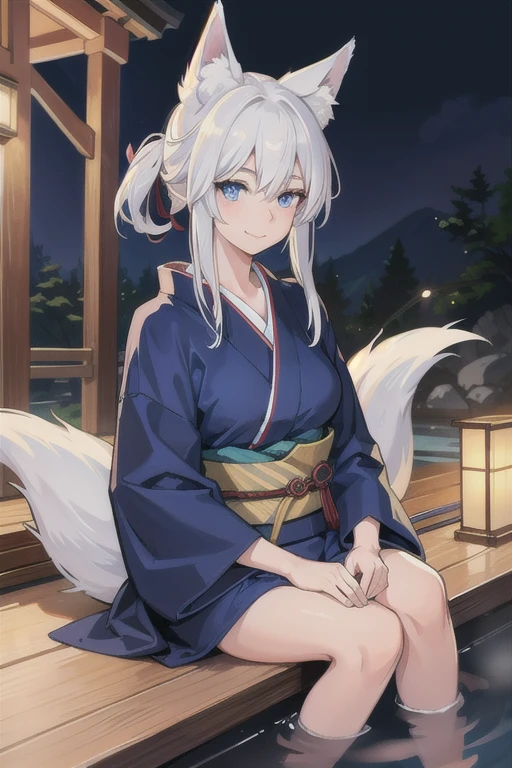 A masterful, photorealistic portrait of a beautiful young woman with striking white hair, fox ears, blue eyes and a fox tail, sitting in an onsen (hot spring) scene at night, wearing a traditional Japanese kimono, smiling softly with a serene expression, bathed in ambient lighting, viewed from an upper body perspective.