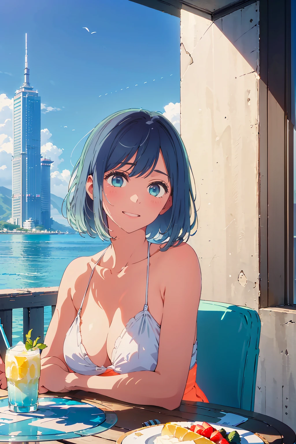 Highest quality,8k,detailed,F cup bust、Big Breasts、Very cute face、Slim and beautiful arms、Slim body、Very white beautiful skin、((((1 person、looking at the camera、smile、Thin white bikini、smile、sit、In the background are the skyscrapers of Tokyo city、Outdoor café terrace、Drink juice、From an angle、Cheek resting on hand、coastal、table、Shooting from a distance))))、I can see the deep blue sky、She tilted her head slightly、The atmosphere is bright and lively、The woman is at the center of the image。