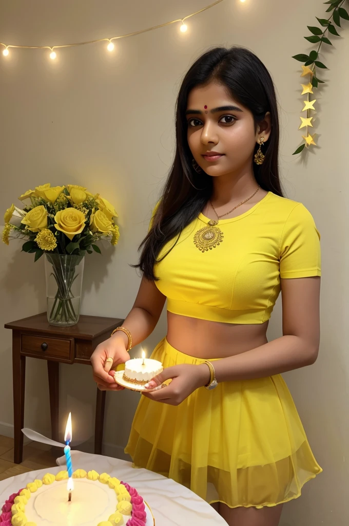 Create a 3d image in which a Indian ager girl cutting Cake wearing yellow color top with Name "Rashi" is written clearly on the Cake and 19 year candle burning on the cake, image features with birthday decorated view realistic image