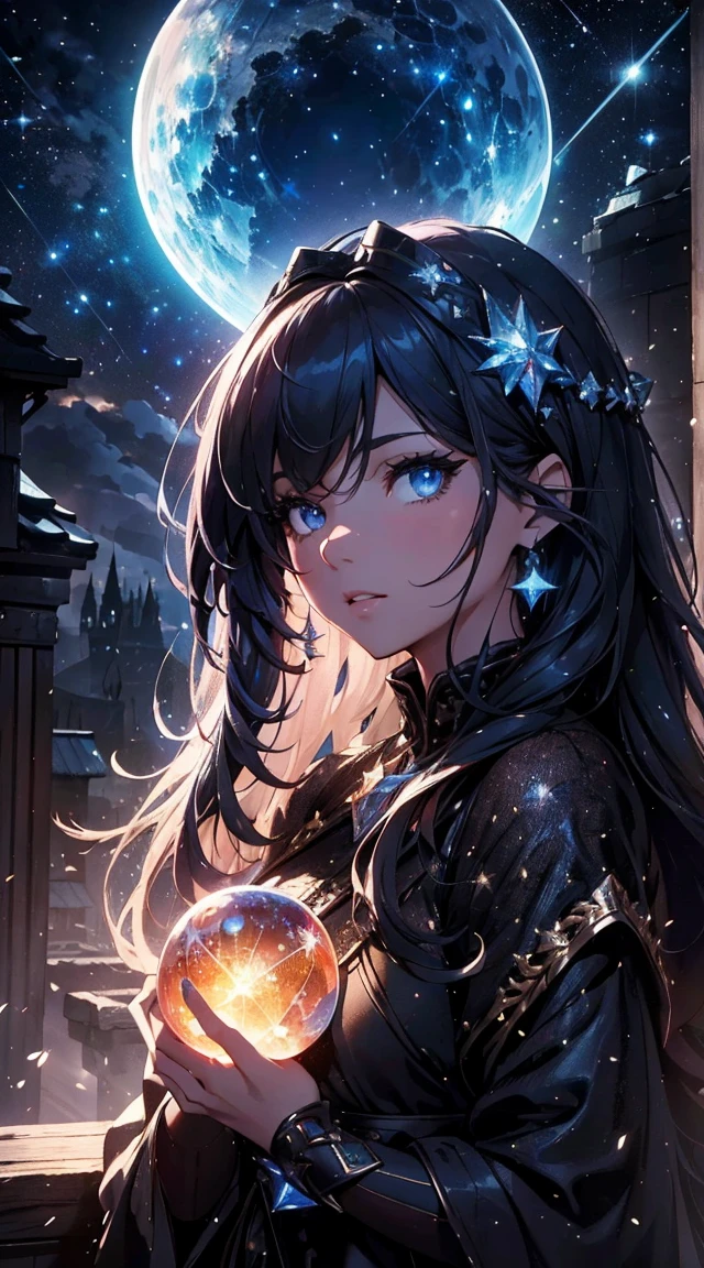 1girl sitting on a roof under a starry night sky, detailed facial features, long hair blowing in the wind, beautiful detailed eyes, beautiful detailed lips, extremely detailed eyes and face, long eyelashes, detailed landscape with horizon line, rooftops, and open sky, CMYK color palette, HSV color palette, ProPhoto RGB color space, spherical ball, star prism, hypercube, hyperprism, superring, flexible polyhedra, Klein bottle, (best quality,4k,8k,highres,masterpiece:1.2),ultra-detailed,(realistic,photorealistic,photo-realistic:1.37),cinematic lighting,dramatic lighting,volumetric lighting,dramatic atmosphere,surreal,fantastical,dreamlike,mystical,ethereal