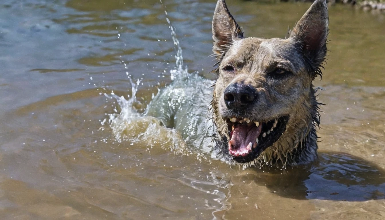 close up dog in water at sunshine